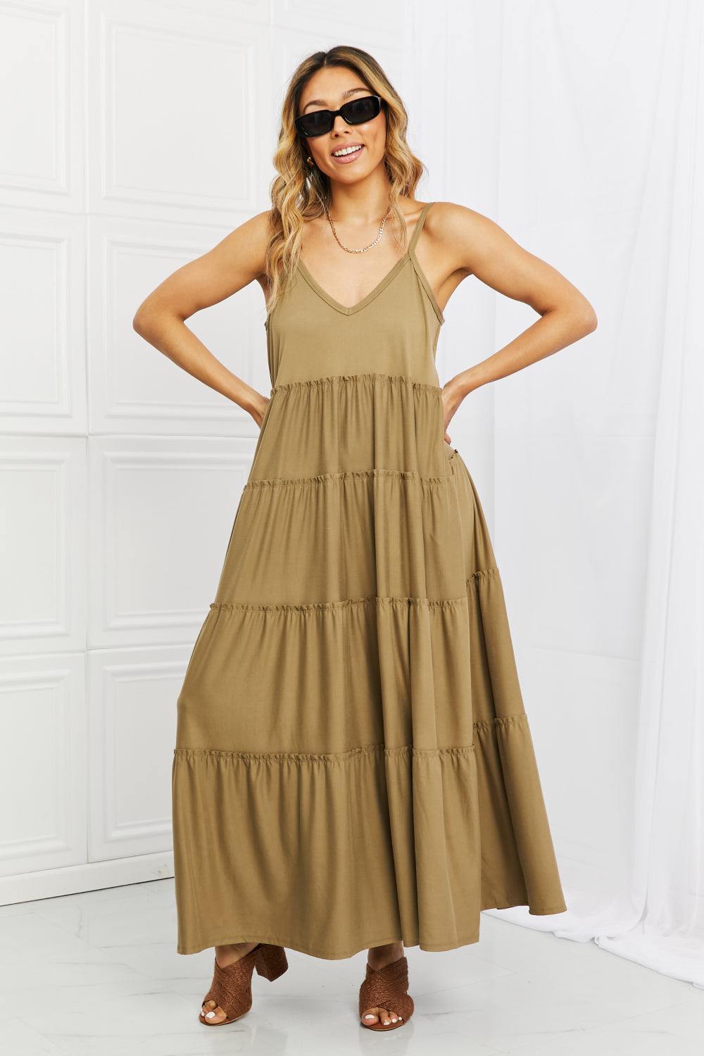 Zenana Full Size Spaghetti Strap Tiered Dress with Pockets in Khaki - Flyclothing LLC