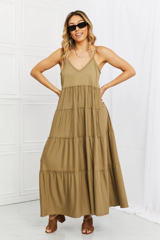 Zenana Full Size Spaghetti Strap Tiered Dress with Pockets in Khaki - Flyclothing LLC