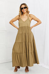 Zenana Full Size Spaghetti Strap Tiered Dress with Pockets in Khaki - Flyclothing LLC