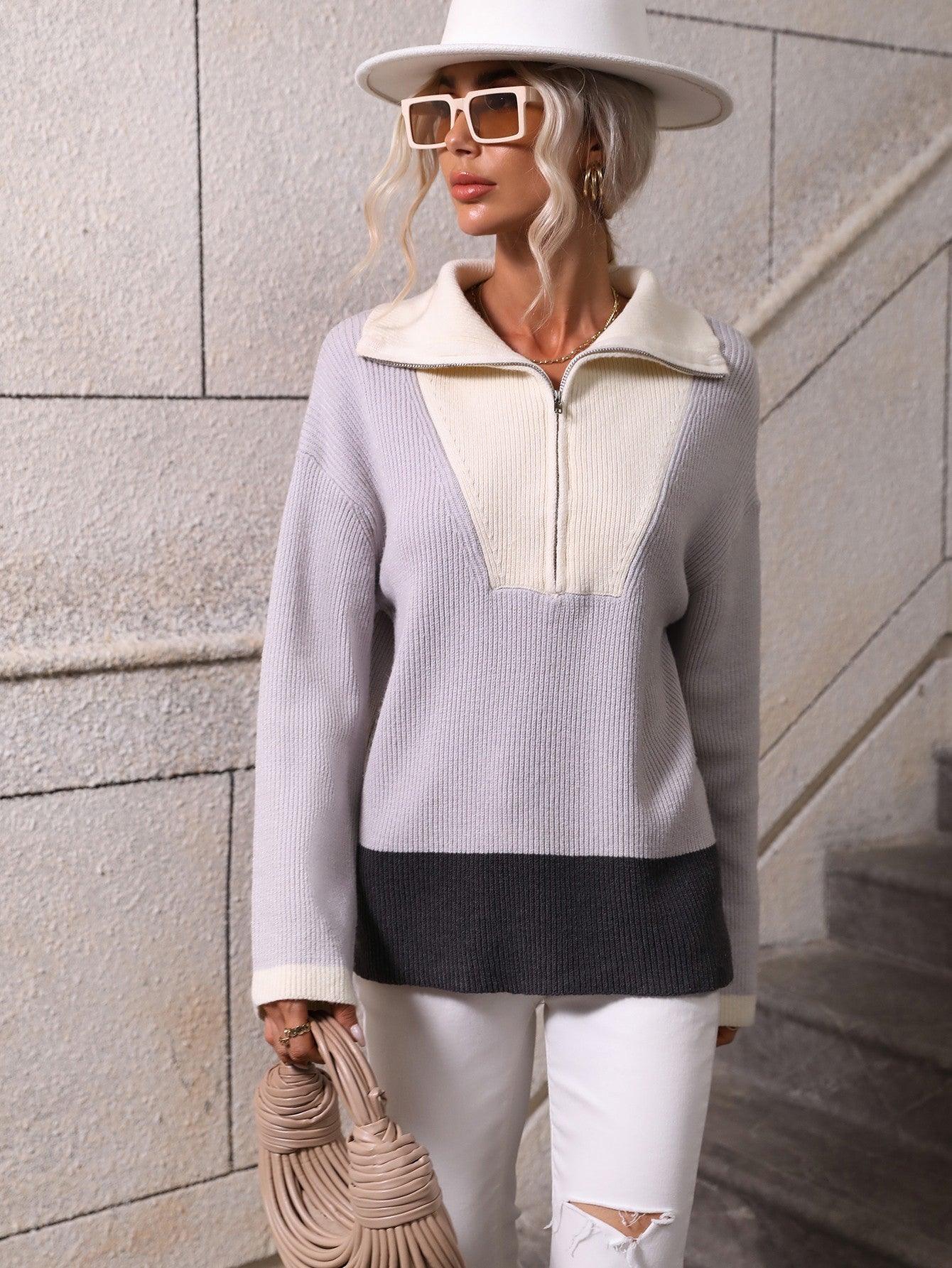 Color Block Half-Zip Dropped Shoulder Knit Pullover - Trendsi