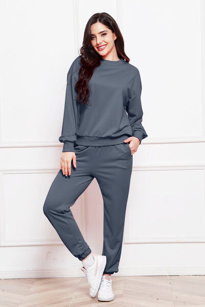 Round Neck Long Sleeve Sweatshirt and Pants Set - Flyclothing LLC