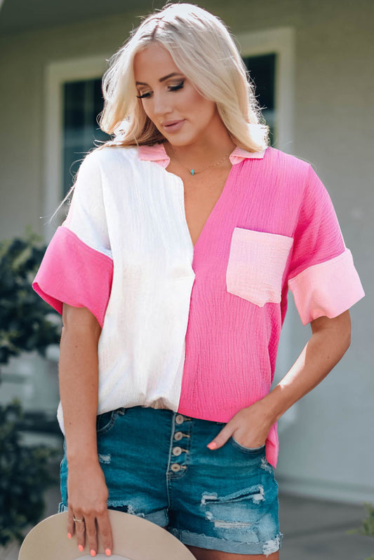 Color Block Textured Johnny Collar Blouse - Flyclothing LLC