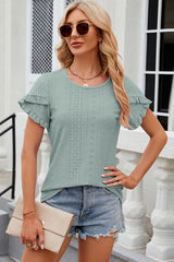 Eyelet Round Neck Petal Sleeve T-Shirt - Flyclothing LLC