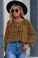 Plaid Tie Neck Balloon Sleeve Blouse - Flyclothing LLC