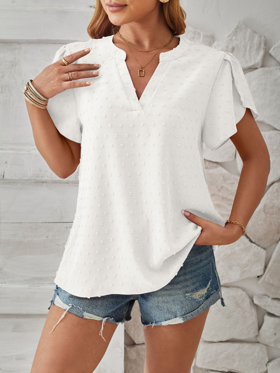 Swiss Dot Notched Petal Sleeve T-Shirt - Flyclothing LLC