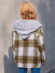 Plaid Dropped Shoulder Hooded Jacket - Trendsi