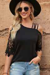 Spliced Lace Asymmetrical Neck Blouse - Flyclothing LLC