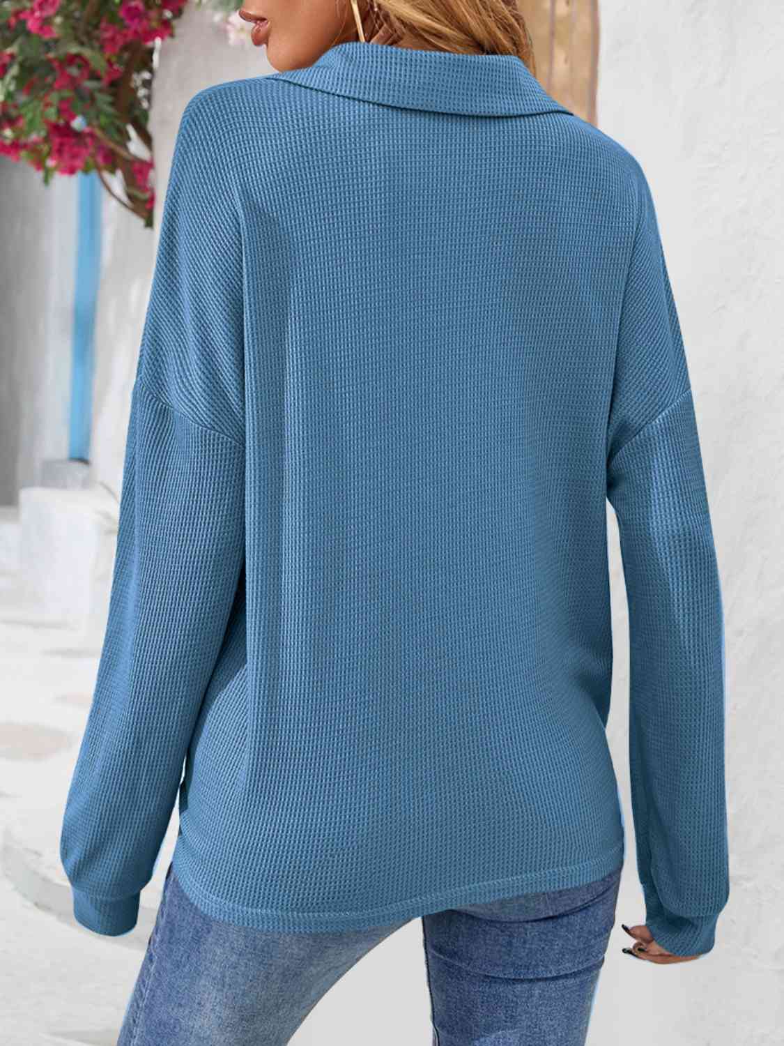 Half Button Collared Neck Long Sleeve Top - Flyclothing LLC