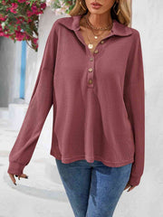 Half Button Collared Neck Long Sleeve Top - Flyclothing LLC