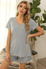 V-Neck Short Sleeve Top and Drawstring Shorts Lounge Set - Flyclothing LLC