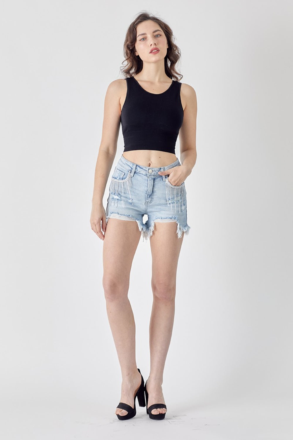 RISEN Frayed Hem Denim Shorts with Fringe Detail Pockets - Flyclothing LLC