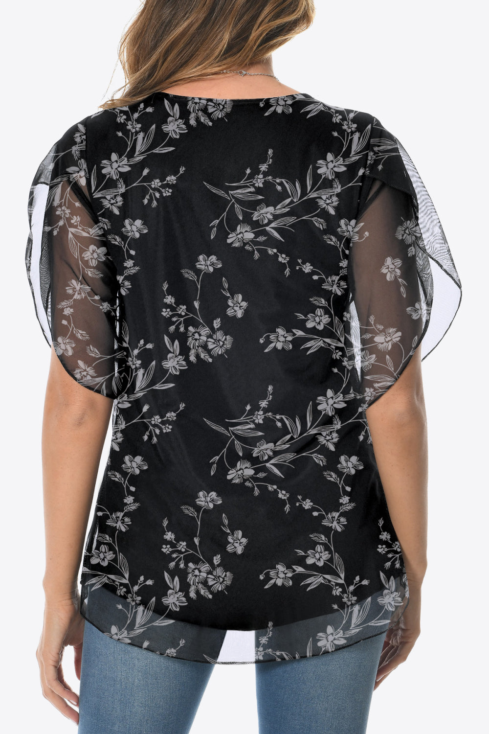 Printed Round Neck Curved Hem Blouse - Flyclothing LLC