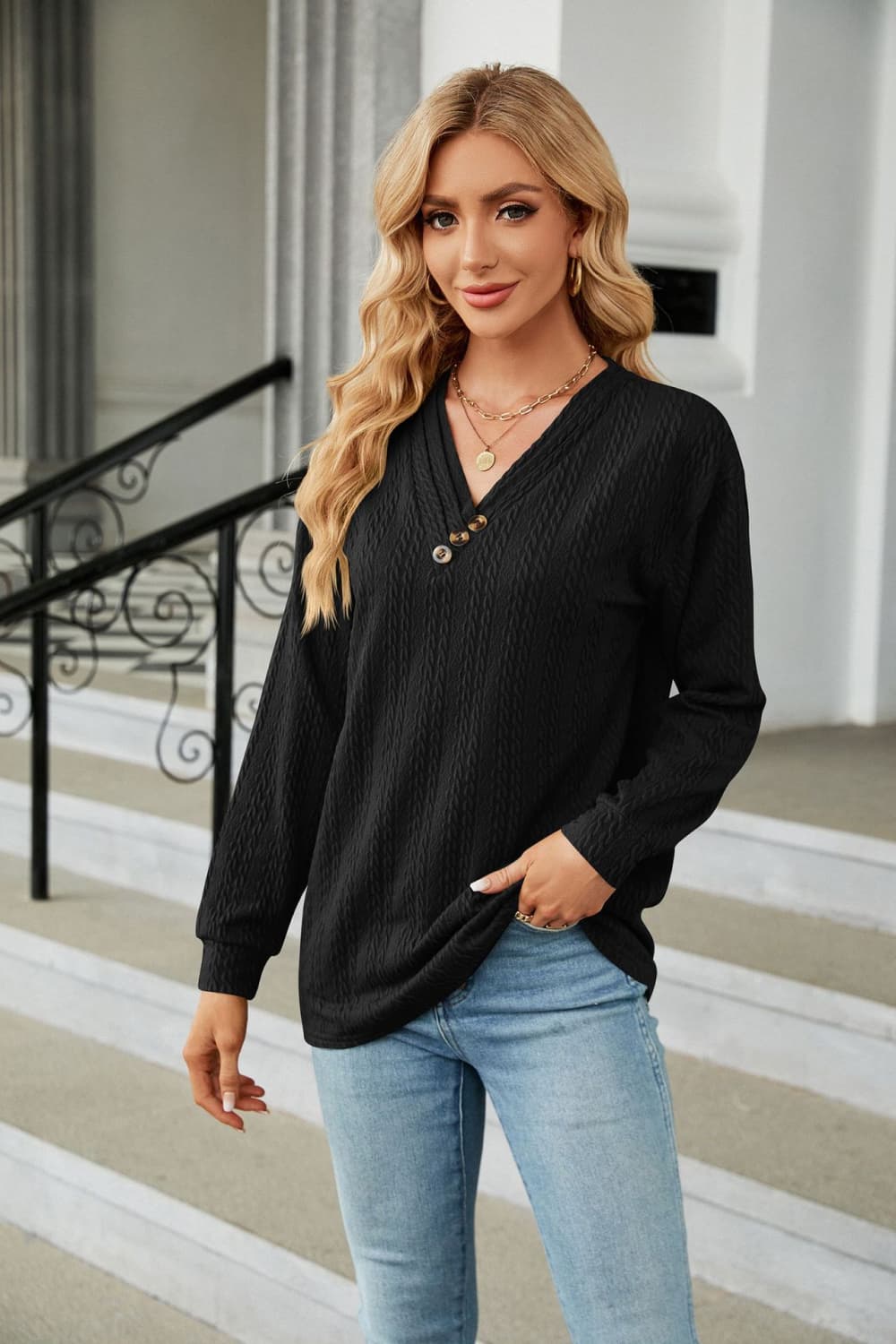 Decorative Button V-Neck Long Sleeve T-Shirt - Flyclothing LLC