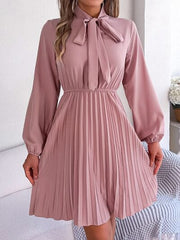 Tie Neck Balloon Sleeve Pleated Dress - Flyclothing LLC