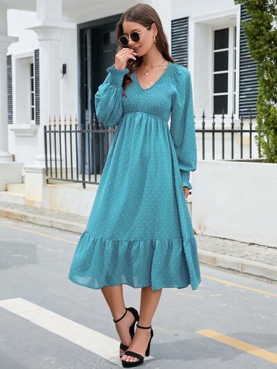 Swiss Dot V-Neck Smocked Lantern Sleeve Ruffle Hem Dress - Flyclothing LLC