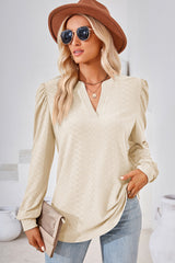 Ruched Notched Long Sleeve T-Shirt - Flyclothing LLC