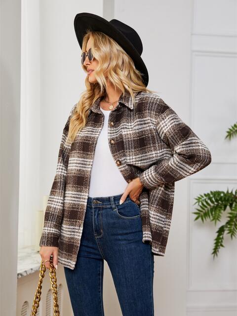 Plaid Collared Shirt Jacket - Flyclothing LLC