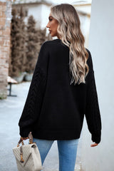 Cable-Knit Round Neck Drop Shoulder Sweater - Flyclothing LLC