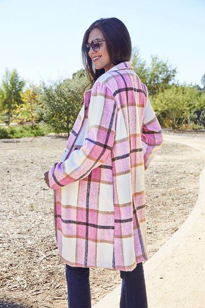 Double Take Full Size Plaid Button Up Lapel Collar Coat - Flyclothing LLC