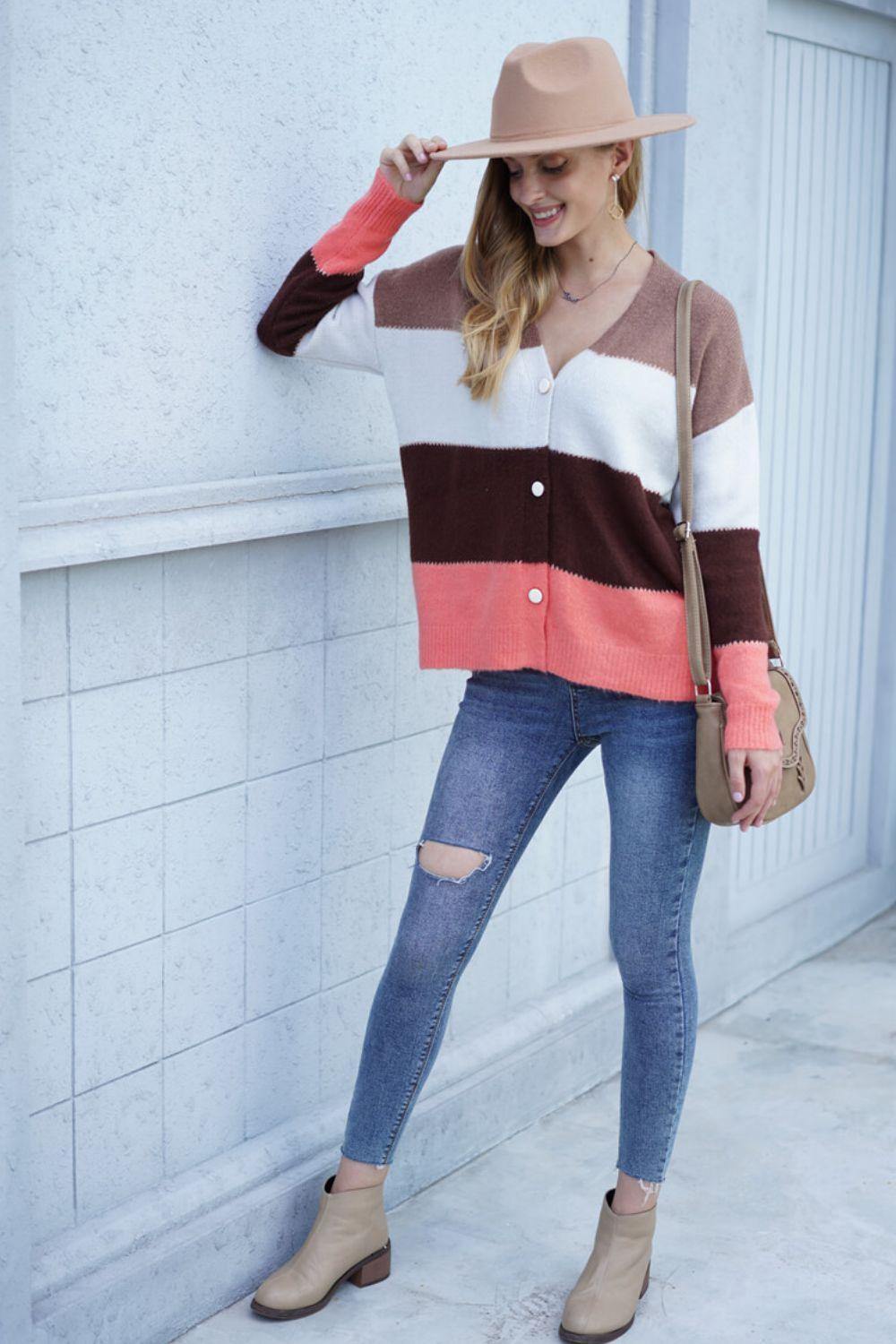 Color Block V-Neck Button Down Cardigan - Trendsi