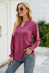 Heathered Flounce Sleeve Curved Hem Top - Trendsi