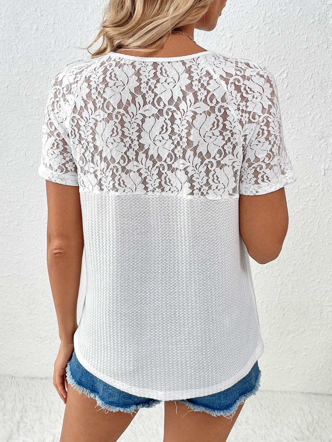 Lace Detail V-Neck Short Sleeve T-Shirt - Flyclothing LLC