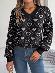 Heart Pattern V-Neck Long Sleeve Sweater - Flyclothing LLC