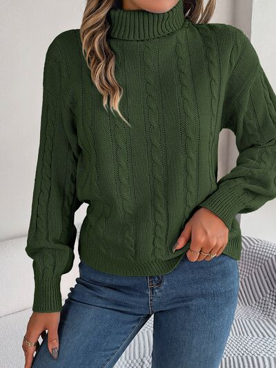 Cable-Knit Turtleneck Dropped Shoulder Sweater - Flyclothing LLC