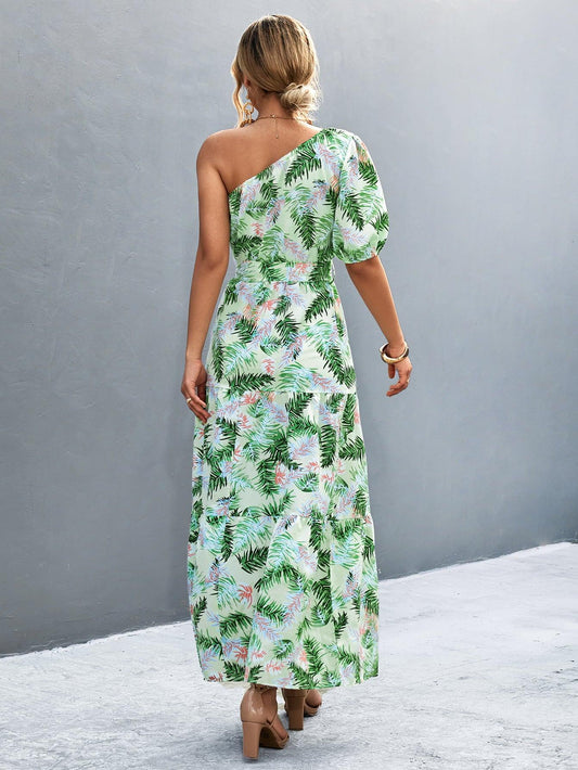 Printed Tie Waist One Shoulder Maxi Dress - Flyclothing LLC