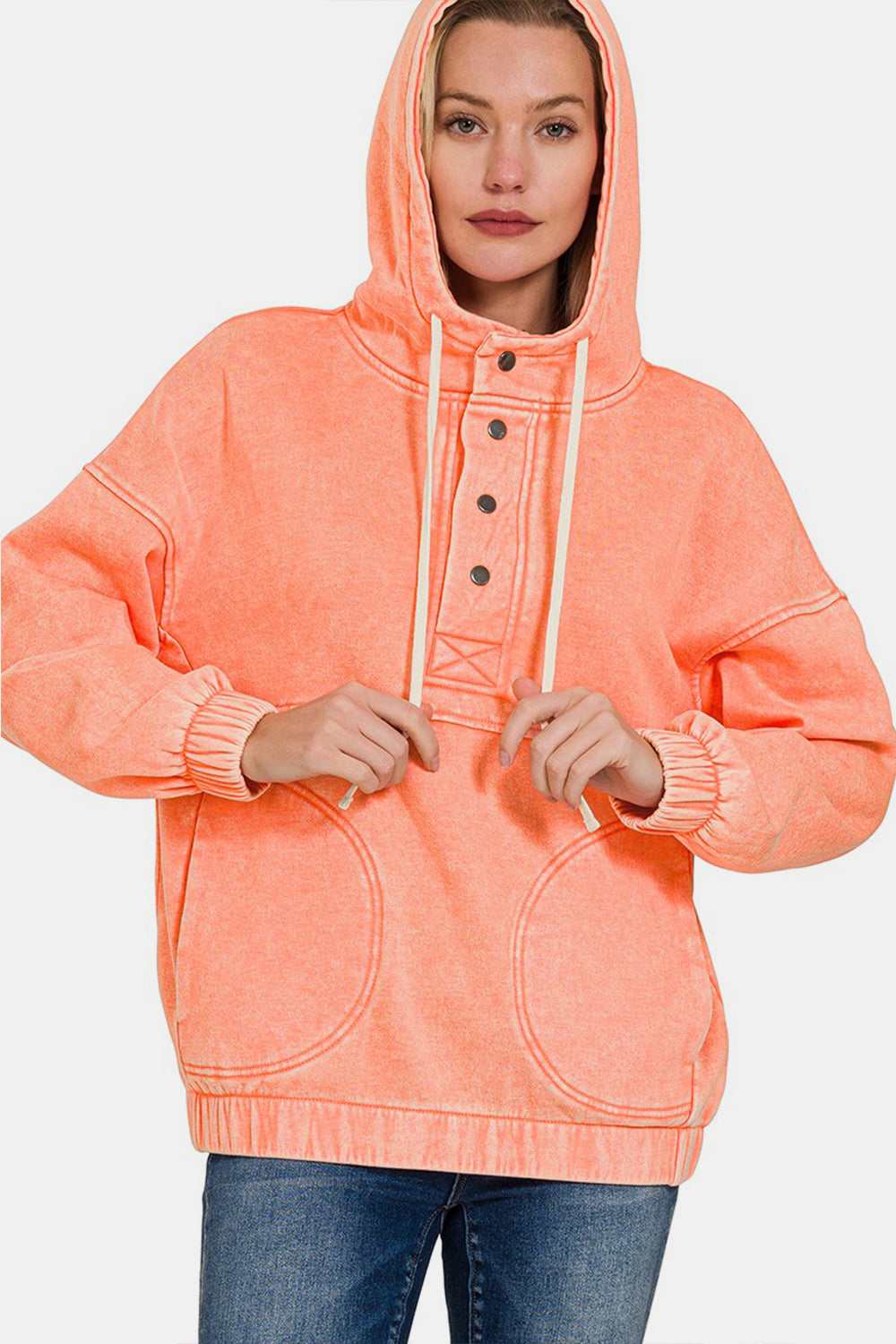 Zenana Drawstring Half Snap Dropped Shoulder Hoodie - Flyclothing LLC