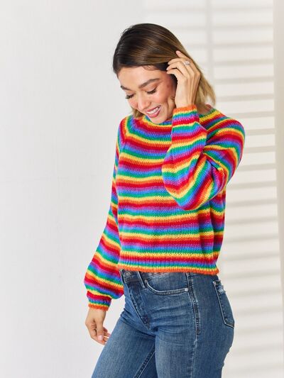 Striped Round Neck Long Sleeve Sweater - Flyclothing LLC