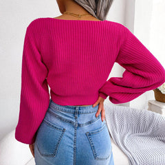 Tie-Front Rib-Knit Cropped Sweater - Flyclothing LLC