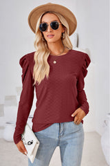 Round Neck Puff Sleeve Blouse - Flyclothing LLC