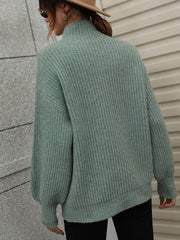 High Neck Balloon Sleeve Rib-Knit Pullover Sweater - Flyclothing LLC