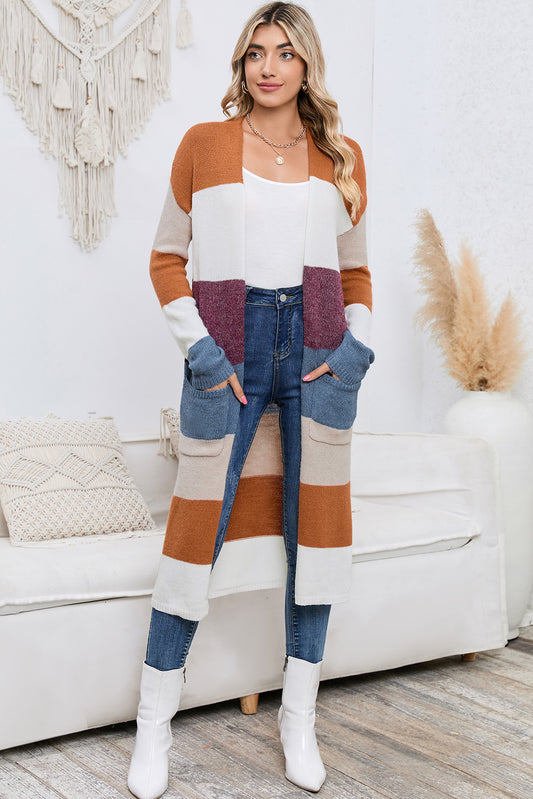 Long Color Block Open Front Pocketed Cardigan - Flyclothing LLC