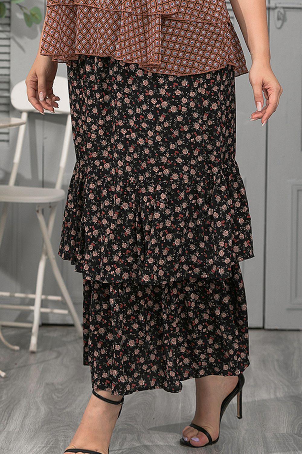 Plus Size Ditsy Floral Layered Maxi Skirt - Flyclothing LLC