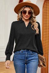 Decorative Button Johnny Collar Lantern Sleeve Blouse - Flyclothing LLC