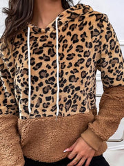 Leopard Drawstring Long Sleeve Hoodie - Flyclothing LLC