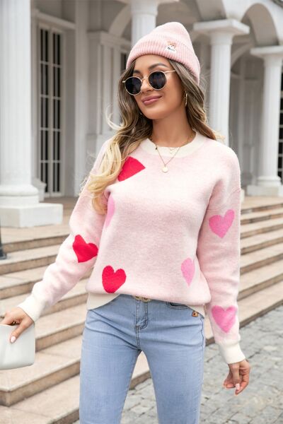 Heart Round Neck Droppped Shoulder Sweater - Flyclothing LLC