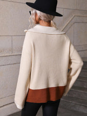 Color Block Half-Zip Dropped Shoulder Knit Pullover - Trendsi