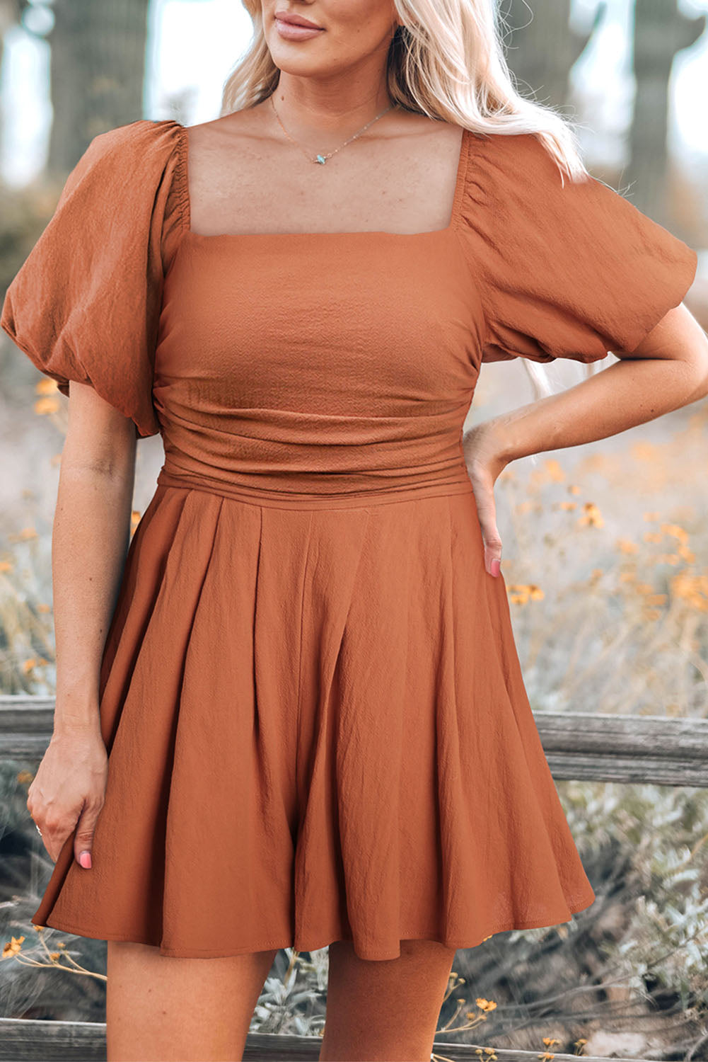 Square Neck Pleated Dress with Pockets