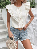 Decorative Button Frill Trim Round Neck Top - Trendsi