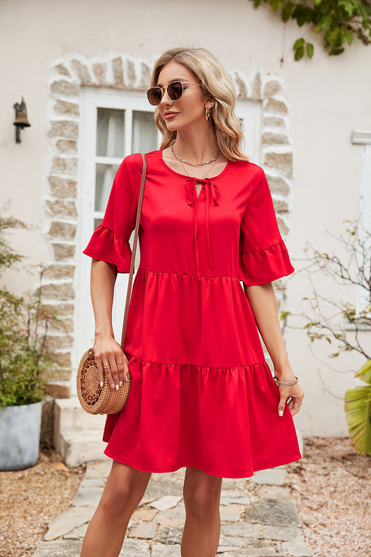 Ruffle Trim Tie Neck Flounce Sleeve Tiered Dress - Flyclothing LLC