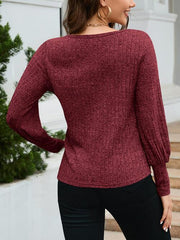 Ribbed Round Neck Lantern Sleeve Knit Top - Flyclothing LLC