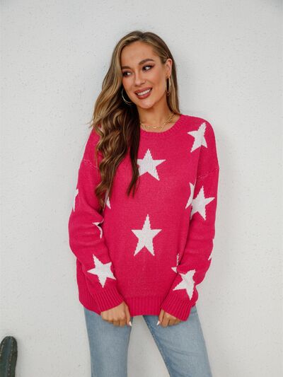 Star Round Neck Dropped Shoulder Sweater - Flyclothing LLC