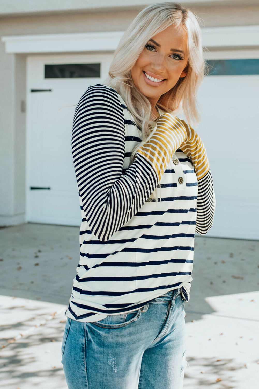 Striped Buttoned Long Sleeve Top - Flyclothing LLC