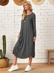 Pocketed Round Neck Long Sleeve Tee Dress - Flyclothing LLC