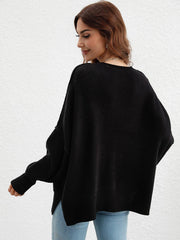 Exposed Seam Dropped Shoulder Slit Sweater - Trendsi