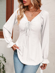 Tie Front V-Neck Puff Sleeve Blouse - Flyclothing LLC