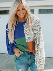 Color Block Leopard Round Neck Sweatshirt - Trendsi